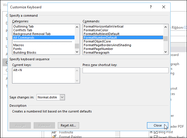 Сочетание клавиш добавлено в список текущих клавиш
