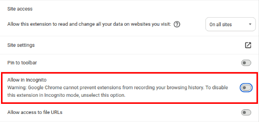 Скриншот: отключение параметра «Разрешить в режиме инкогнито»