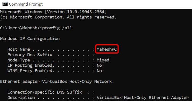 Вывод ipconfig /all с полем Host Name