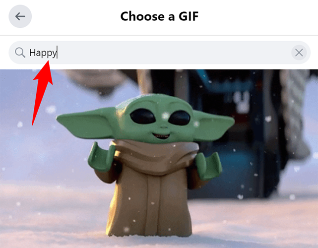 Поиск и выбор GIF из библиотеки Facebook.