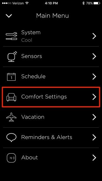 Редактирование профиля Away и выбор датчиков