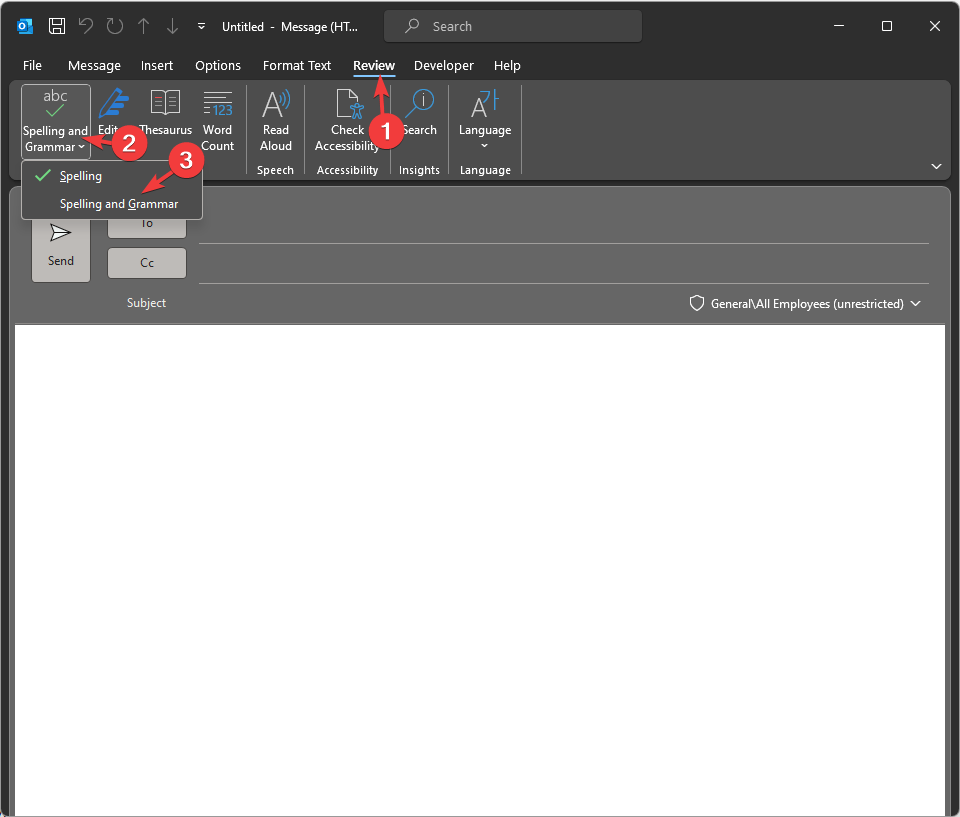 Кнопка «Орфография и грамматика» в Outlook