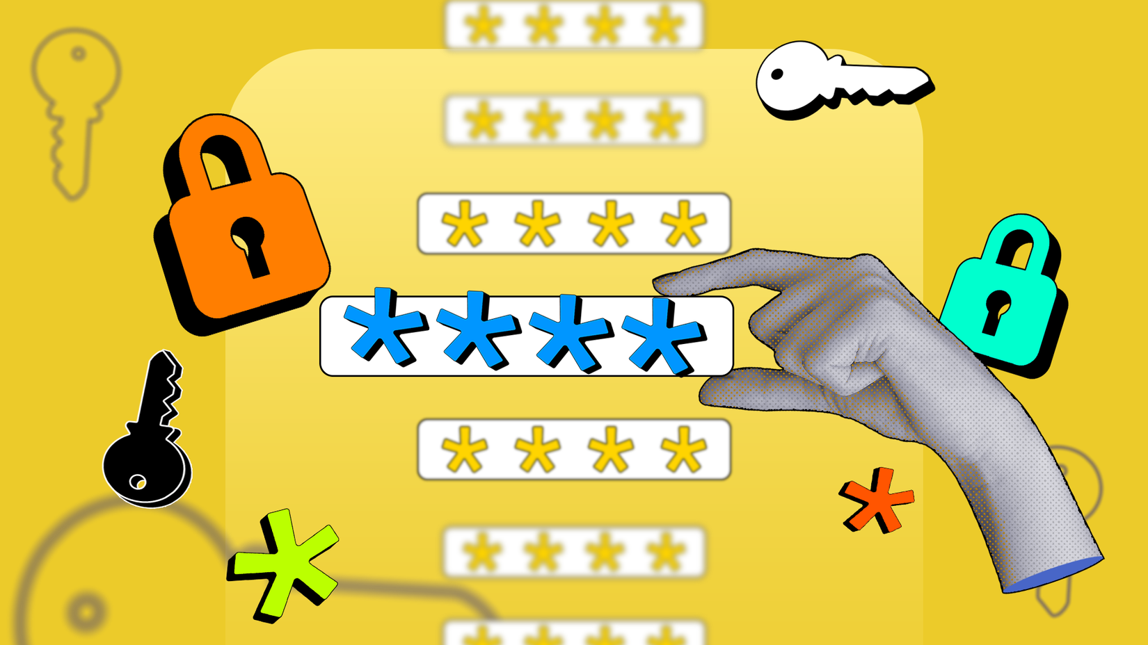 Рука держит поле пароля: на фоне несколько паролей и иконок замка и ключа.