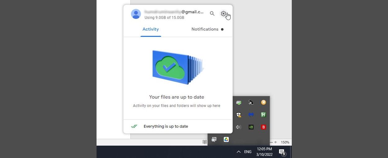 Значок шестерёнки настроек Google Drive — скриншот