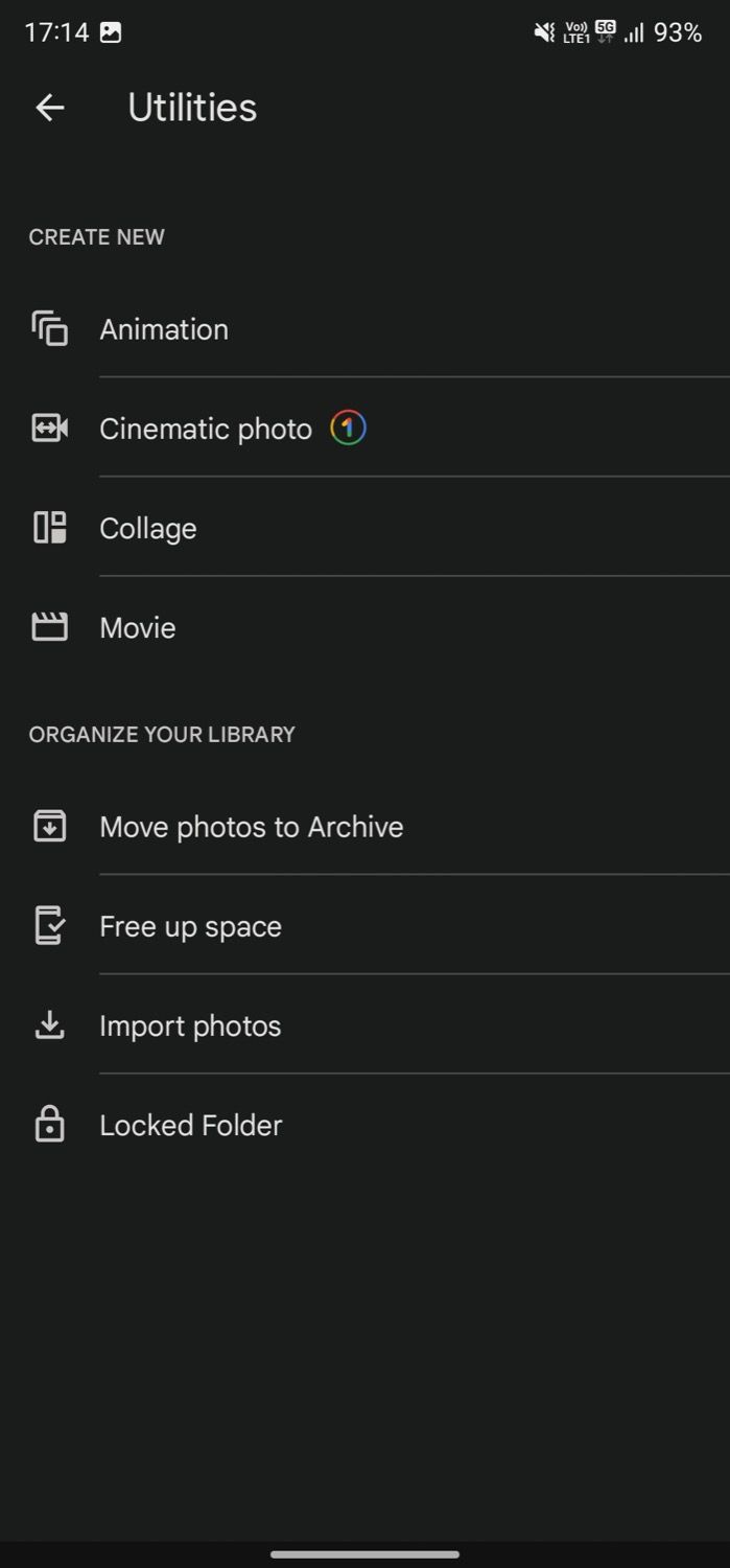 Страница утилит Google Photos