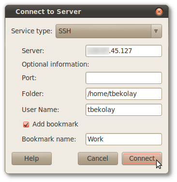 Диалог подключения к серверу с заполненными параметрами подключения