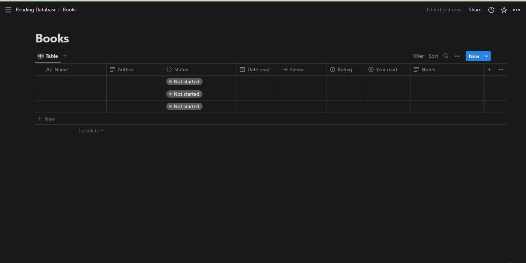 Скриншот с начальной настройкой полей базы Book Tracker