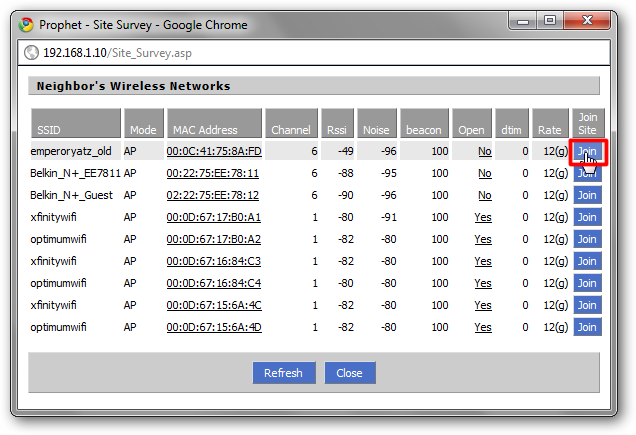 Результат поиска сетей Site Survey в DD‑WRT