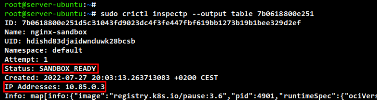 Детали Pod sandbox в crictl inspectp