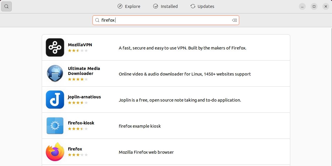 Поиск Firefox в Центре приложений Ubuntu