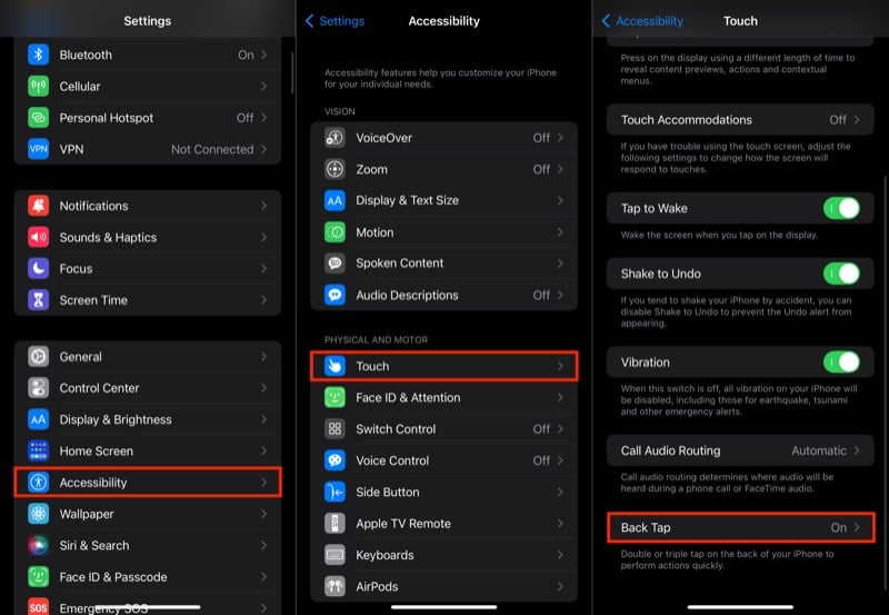 включение Back Tap в настройках iPhone