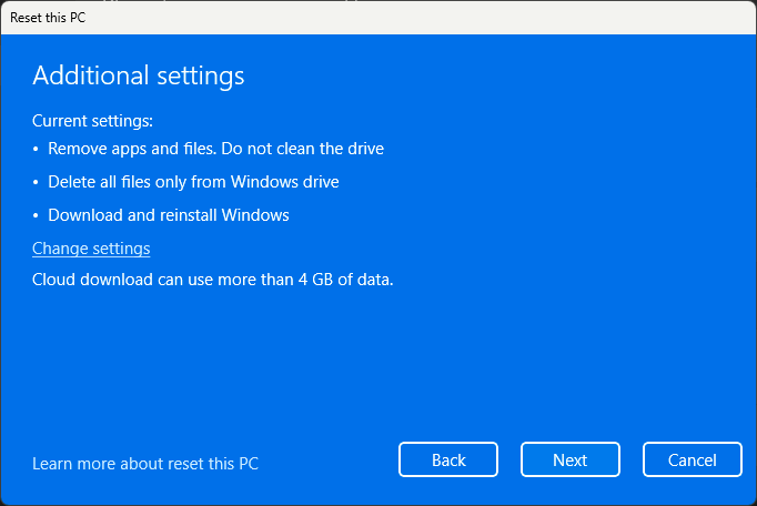 Экран дополнительных настроек для удаления