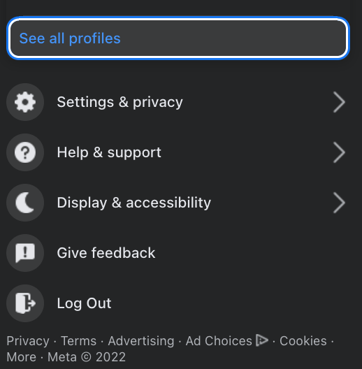 Меню нового Facebook для переключения профилей