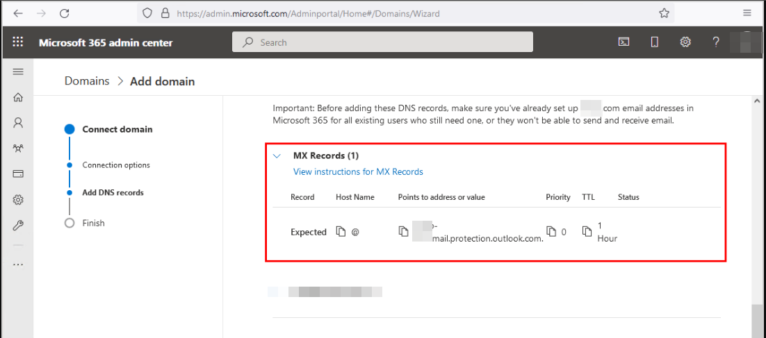 Запись MX в настройках домена Microsoft 365