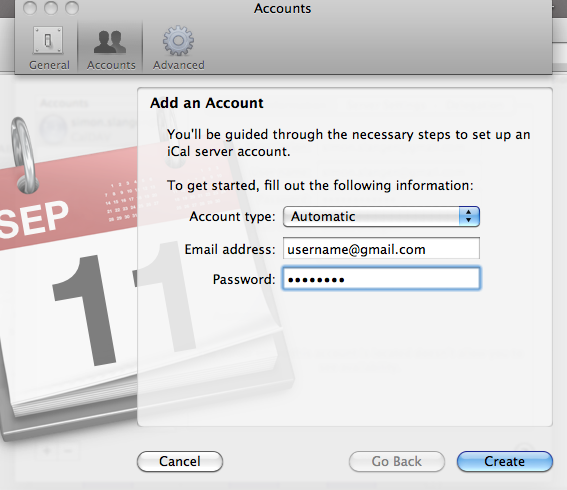Окно настроек iCal с добавленным Google аккаунтом