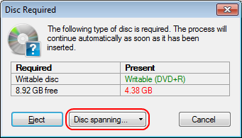 Опция Disc spanning в интерфейсе