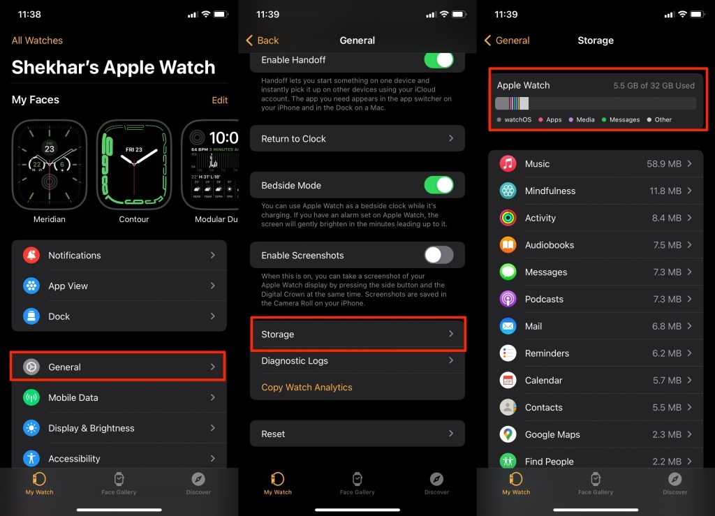 Просмотр хранилища Apple Watch