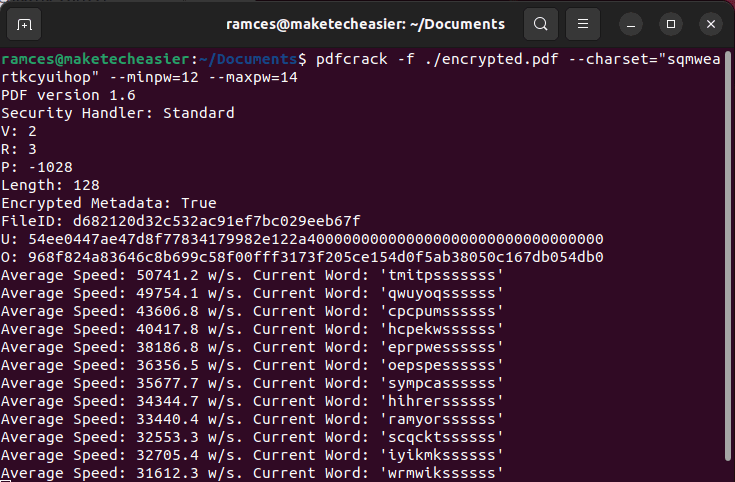 pdfcrack с ограничением параметров