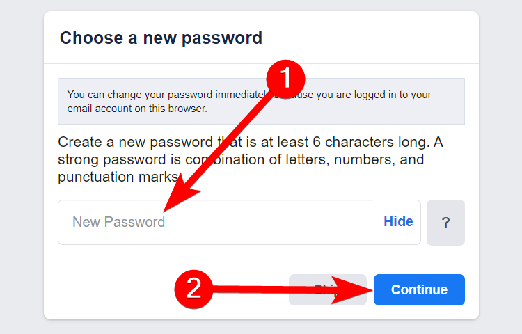 Ввод нового пароля для аккаунта Facebook.