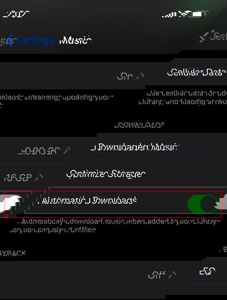 Переключатель «Автоматические загрузки» в настройках Музыки