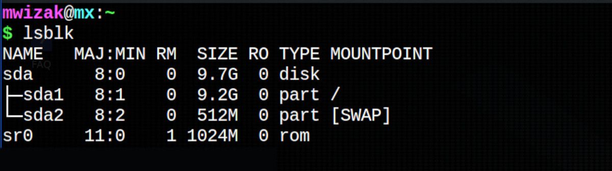 вывод lsblk, показывающий блочные устройства