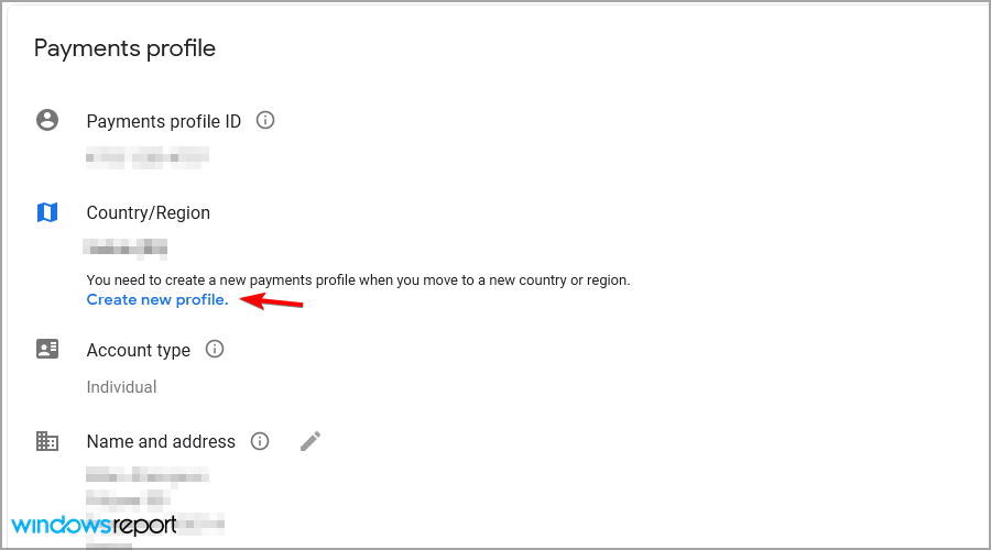 Создание нового профиля страны в Google Pay