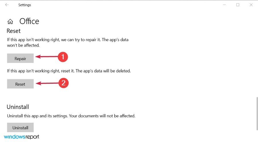Кнопки Восстановить и Сбросить для Office