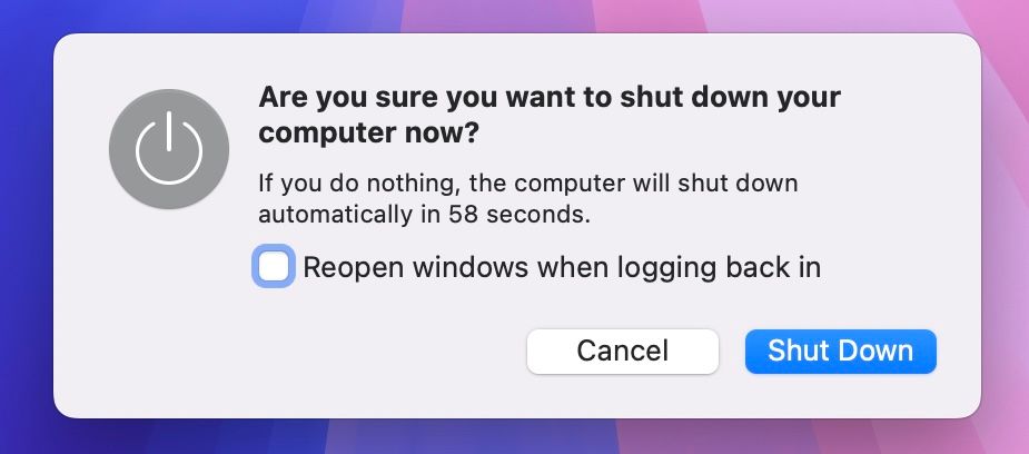 Подтверждение выключения MacBook в диалоговом окне