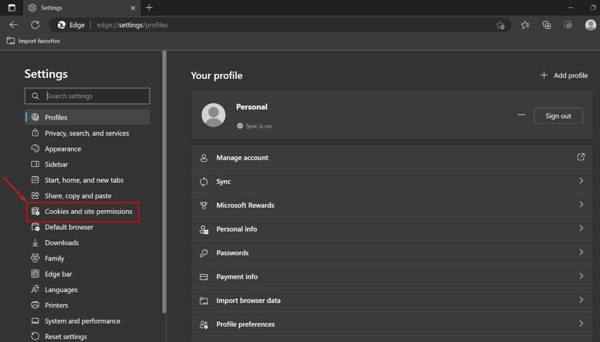 Раздел cookie и разрешений в Edge