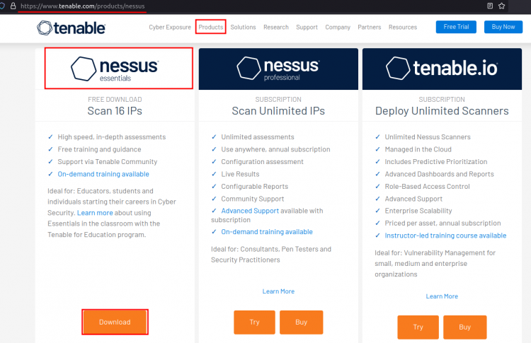 Страница продуктов Nessus на сайте Tenable