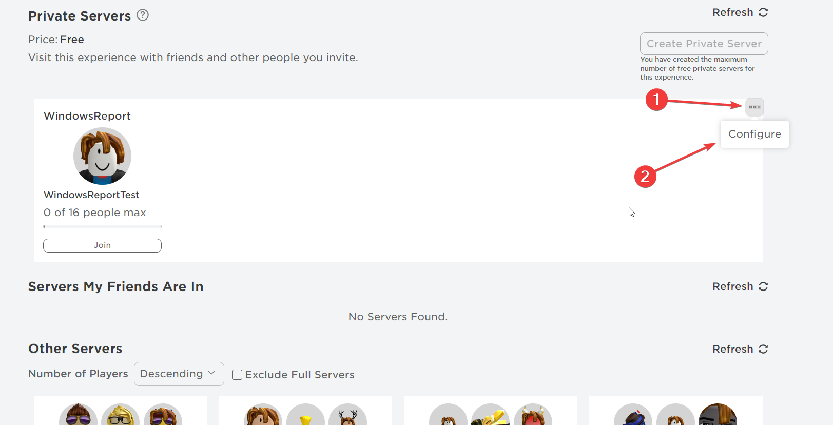 Меню сервера с пунктом Настроить