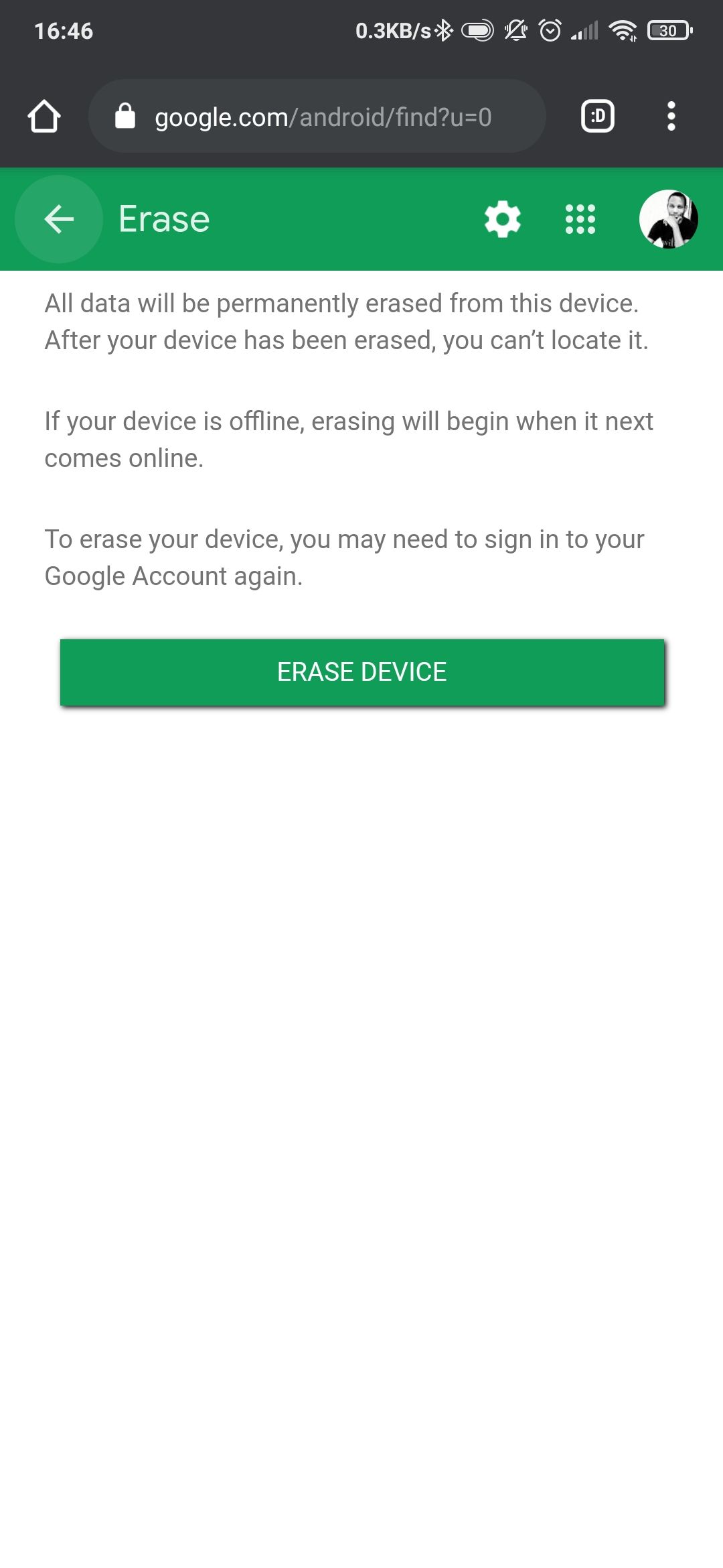 Кнопка Erase Device в Find My Device