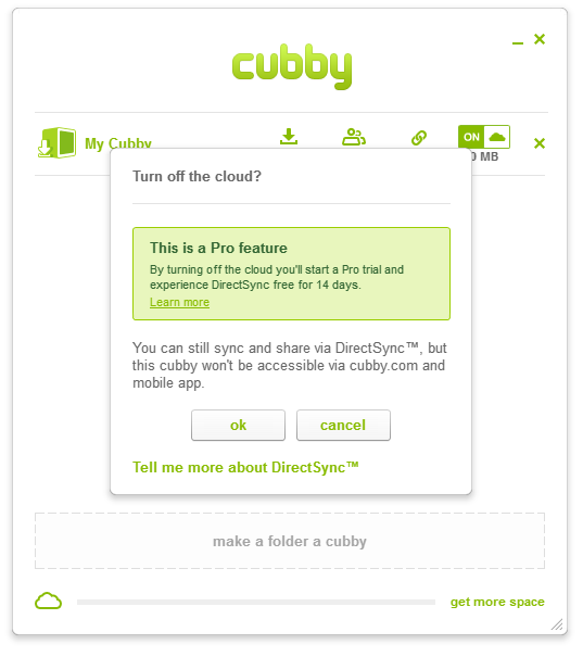 Cubbyのクラウド同期をオフにする設定画面