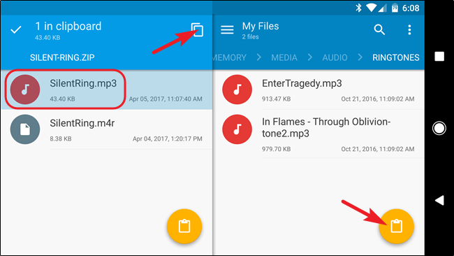Скриншот файлового менеджера Android с выделенным MP3-файлом рингтона
