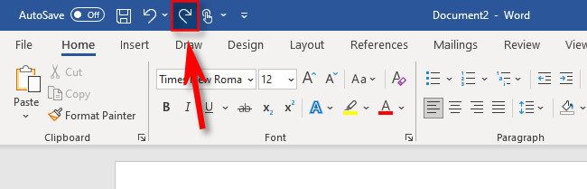 Кнопка «Повторить» на панели быстрого доступа в Word 365