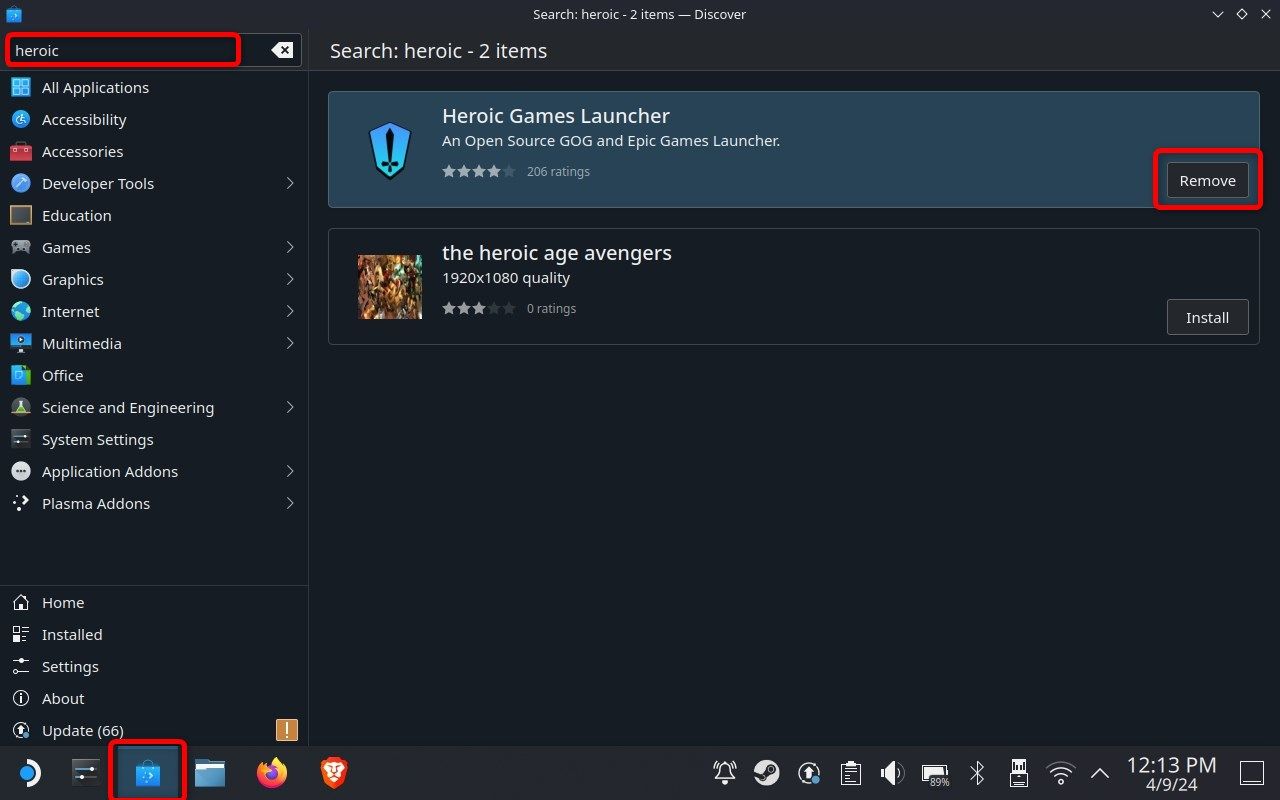 Установка Heroic Games Launcher из магазина Discover на Steam Deck.