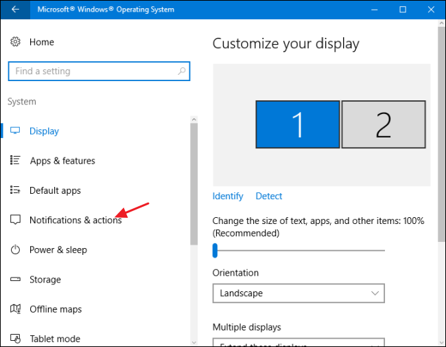 Раздел Уведомления и действия в Параметрах