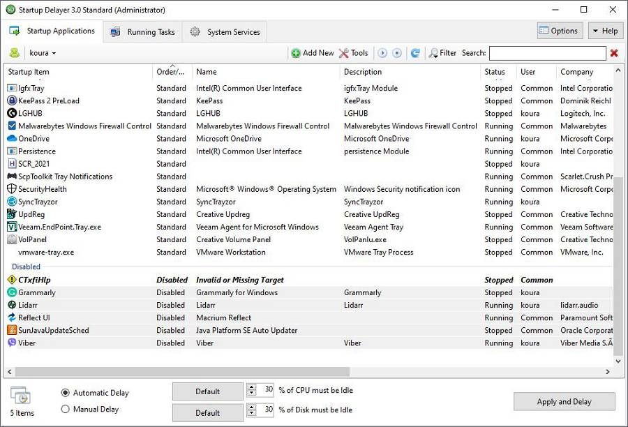 Startup Delayer disabled entries list section.