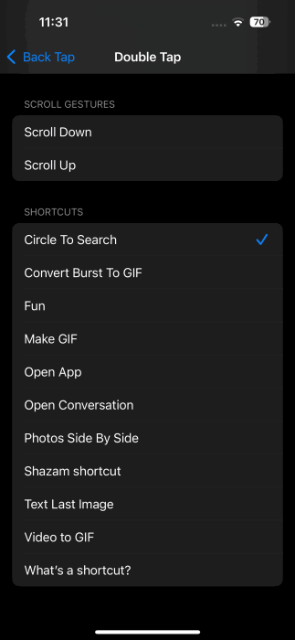 Назначение ярлыка на действие двойного нажатия на iPhone