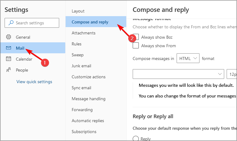 Параметры «Создание и ответ» в веб‑версии Outlook