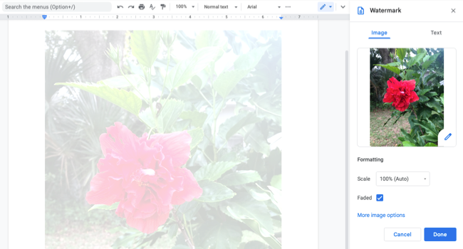 Изображение как водяной знак в документе Google Docs