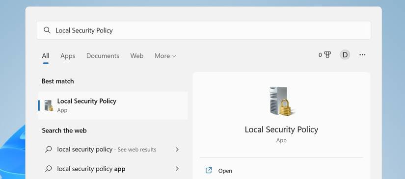 Окно поиска Windows с результатом «Local Security Policy»