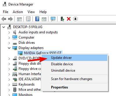 Обновление драйвера видеоадаптера через контекстное меню в Диспетчере устройств
