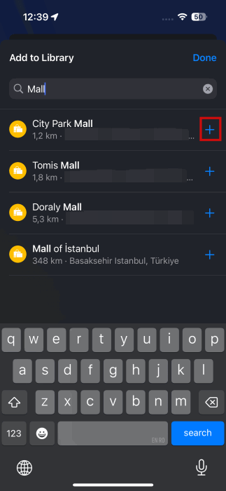 Добавление новой сохранённой локации из Библиотеки Apple Maps.