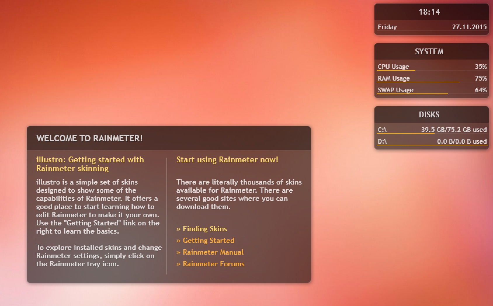 Пример стандартных скинов Rainmeter после установки