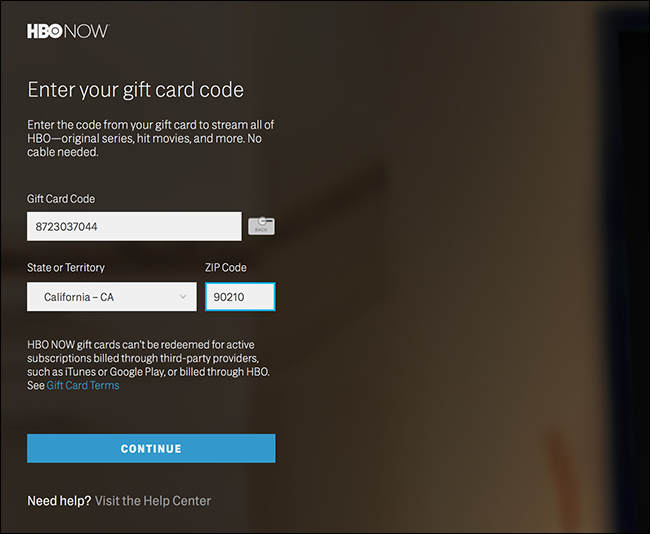 Страница погашения подарочной карты на HBO с полями для ввода кода и ZIP