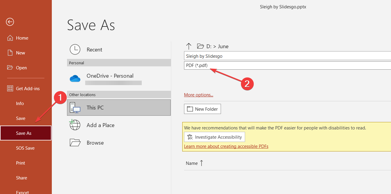 Окно 'Сохранить как' — выбор формата PDF