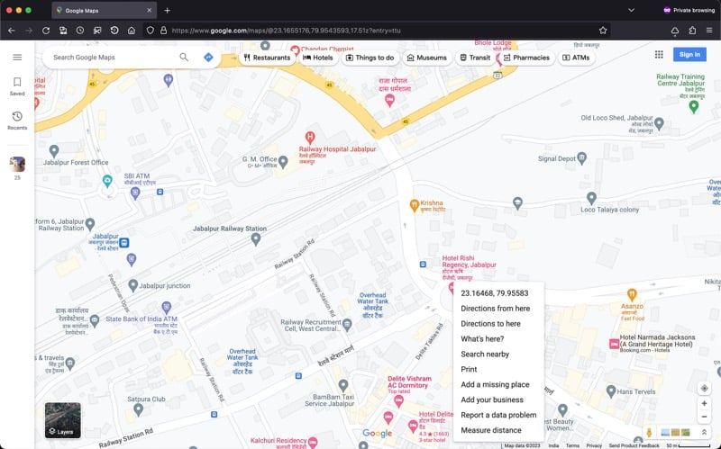 Просмотр координат начальной точки в Google Maps