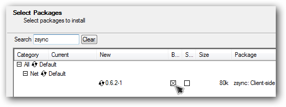 Выбор пакета zsync при установке Cygwin