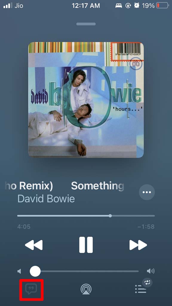 Botão de letras do Apple Music desativado